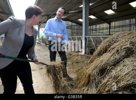 Der Schatzkanzler George Osborne bei einem Besuch auf einem Bauernhof in der Nähe von Galashiels in den Scottish Borders, mit schottischen konservativen Führer Ruth Davidson (links), Bauer Nigel Miller und sein Sohn Angus, die bevorstehende Volksabstimmung der Europäischen Union diskutieren zugeschnitten. Stockfoto