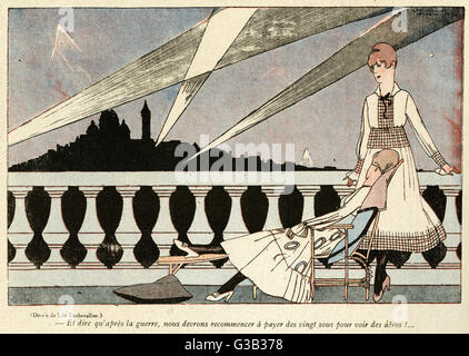 Cartoon, Frauen, die Suchscheinwerfer anschauen, WW1 Stockfoto