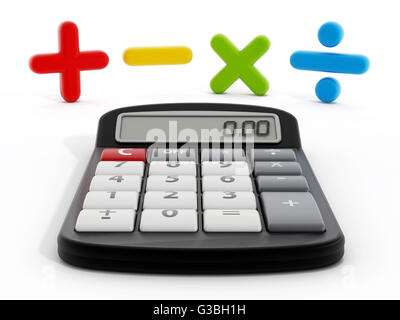 Rechner und mathematische Symbole isoliert auf weißem Hintergrund. 3D illustration Stockfoto