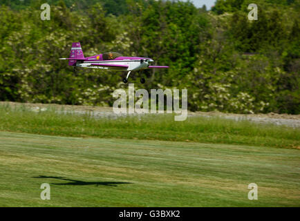 Einzelne Prop funkgesteuerte Skala Modellflugzeug Landung auf einer Graspiste Stockfoto
