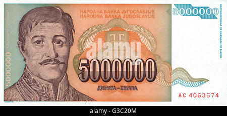 Bundesrepublik Jugoslawien - Banknote - 5000000 Dinar Stockfoto