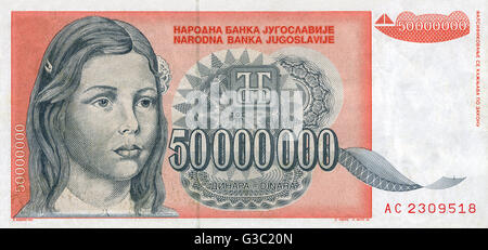 Bundesrepublik Jugoslawien - Banknote - 50000000 Dinar Stockfoto