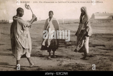 Ritual der Selbstverstümmelung durch die Bruderschaft Aissaoua, Marokko Stockfoto