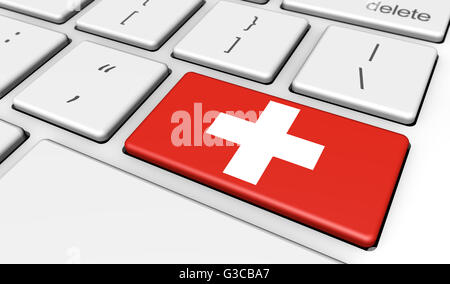 Schweiz-Digitalisierung und digitaler Technologien-Konzepts mit der Schweizer Flagge auf einem Computer wichtige 3D-Illustration. Stockfoto