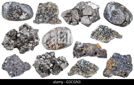 Satz von Magnetit Mineral getrommelt, Steinen, Felsen und Kristalle isoliert auf weißem Hintergrund Stockfoto