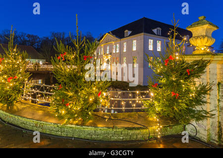 Weihnachtsmarkt in und um das Wasserschloss Burg Dornum, Ostfriesland, Stockfoto