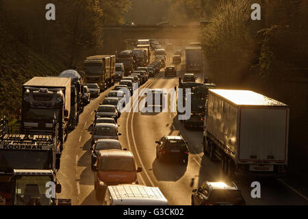 Stau auf der A 52 / B224, Engpass auf der Autobahn A 2 in Gladbeck, Gladbeck, Ruhr und Umgebung, Nordrhein-Westfalen, Deutschland Stockfoto