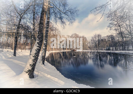 Abtei-Teich in Irsee im Allgäu, Deutschland, Bayern, Allgäu, Winter, Stockfoto