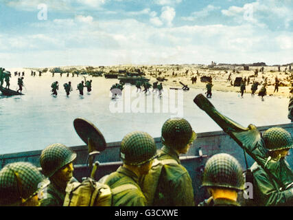 Landung in der Normandie 6. Juni 1944 - WW2. Beachten Sie die amerikanische Soldaten in die Landungsboote hält einen Metalldetektor für Landminen zu fegen.     Datum: 1944 Stockfoto