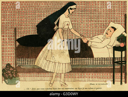 Cartoon, Krankenschwester und verwundeter Soldat, WW1 Stockfoto