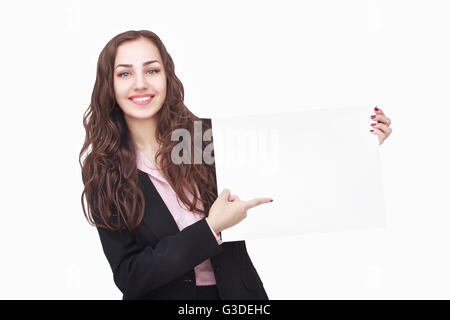 glückliche Frau weiße leeres Papier halten Stockfoto