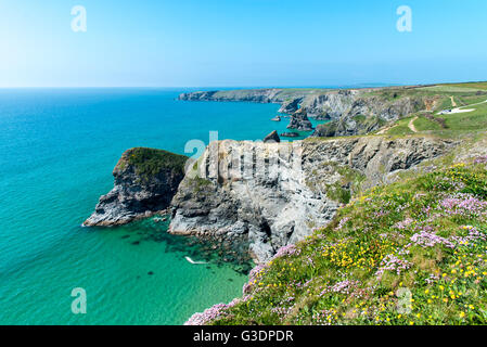 Cornwall Nordküste. Pendarves Head und der Insel, mit der Bedruthan Steps Beach.  Carnewas Punkt entnommen. Stockfoto