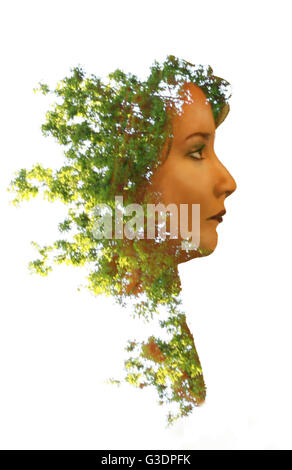 Frauen mit Blättern für Haare; Double Exposure Stockfoto