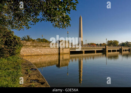Das Washington Monument spiegelt sich im Wasser des Tidal Basin an der Kutz Bridge, Washington DC, wider Stockfoto