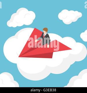 Isometrische Geschäftsmann auf Papierflugzeug über der Wolke, Führung Vision, Geschäftserfolg und Start-up-Konzept Stock Vektor