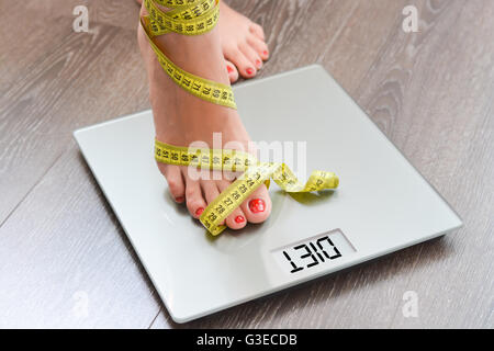 Gewichtskonzept mit Person auf einer Skala messen Kilogramm zu verlieren Stockfoto
