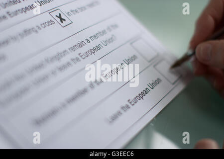 Referendum ausfüllen über das Vereinigte Königreich als Mitglied der Europäischen Union, Briefwahl, Stimmzettel Form für brexit Stockfoto