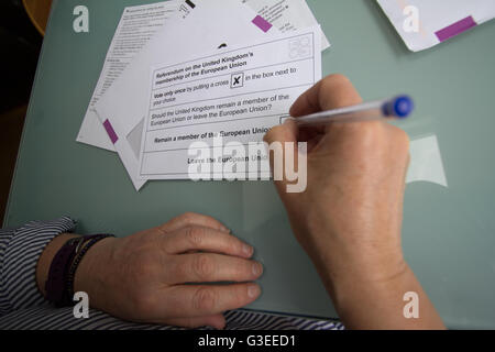 Referendum ausfüllen über das Vereinigte Königreich als Mitglied der Europäischen Union, Briefwahl, Stimmzettel Form für brexit Stockfoto