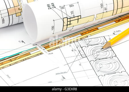 architektonischen Hintergrund mit Blaupause Rollen, Hausplan und Bleistift Stockfoto