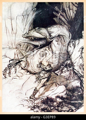 "Siegfried tötet Vater" von "Siegfried & The Twilight of the Gods" illustriert von Arthur Rackham (1867-1939). Siegfried sticht die Riesen Fafner, der in einen Drachen mit dem Schwert Notung verwandelt hat. Siehe Beschreibung für mehr Informationen. Stockfoto