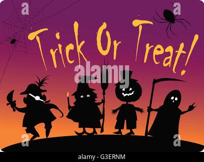Süßes oder Saures Karte mit Silhouetten von vier niedlichen Halloween kostümierten Figuren: Pirat, Hexe, großen Kürbis und Grim Reaper Stock Vektor