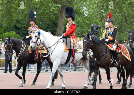 Princess Ann, Prinz William und Prinz Charles auf dem Rücken der Pferde für die Trooping die Farbe London, 90. Geburtstagsfeiern Stockfoto