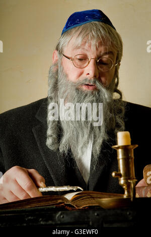 Alter jüdischer Mann mit Bart mit einer Tora-Zeiger zu lesen Stockfoto