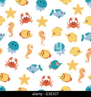 Seamless pattern with cartoon sea animals on white background. Stock Vektor