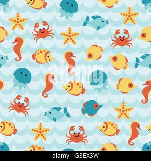 Nahtlose Muster mit niedliche Meerestiere auf blaue Welle Hintergrund. Stock Vektor
