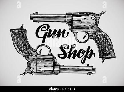 Handgezeichnete Pistolen. Gun-Shop. Skizze-Revolver-Vektor-illustration Stock Vektor
