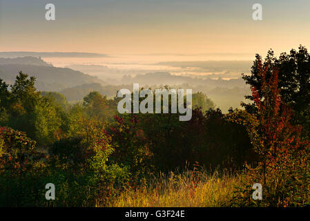 Morgennebel im Saale-Tal in der Nähe von Naumburg, Burgenlandkreis, Sachsen-Anhalt, Deutschland Stockfoto