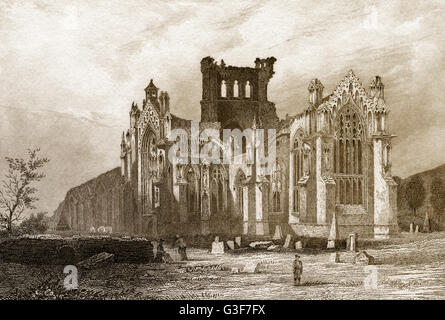 Str. Marys Abbey, Melrose, teilweise Klosterruine des Zisterzienserordens in Melrose, Roxburghshire, Schottland, 19. Jahrhundert Stockfoto