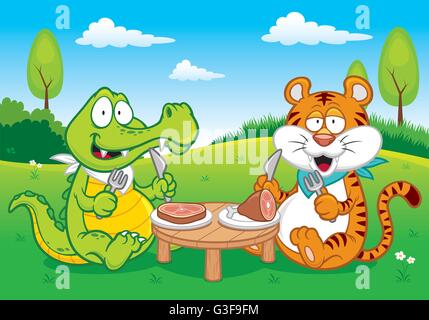 Vektor-Illustration Karikatur Krokodil und Tiger Essen Stock Vektor