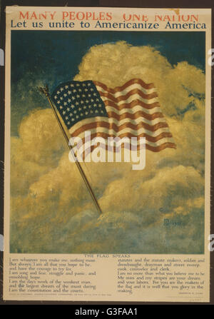 1917 - viele Völker, eine Nation. Schließen wir uns zusammen Sie nach Amerika amerikanisieren. Mit Text "The Flag Speaks" von Franklin K. Lane. Stockfoto