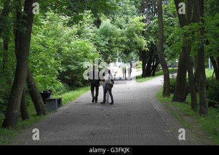 Danzig, Polen 11. Juni 2016 sonnigen aber kalten Samstag in Danzig, nach Wochen des sehr warmen Wetters heute Temperatur sank auf 14 Celsius Grad. Kühlung der Empfindung wird durch eine starke Nordwind intensiviert. Passanten im Park in der Nähe der Brzezno Strand gesehen. Bildnachweis: Michal Fludra/Alamy Live-Nachrichten Stockfoto