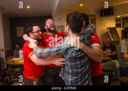 Aberystwyth, Wales, UK. 11. Juni 2016.  EM 2016: Avid walisische Unterstützer in der Henne Llew Du (alte Black Lion) Pub in Aberystwyth feiern ihr Team historischen 2: 1-Sieg über die Slowakei im Eröffnungsspiel des Turniers durch Tore von Gareth Bale und Robson-Kanu der walisischen Fußballnationalmannschaft erscheinen in ihrer ersten großen internationalen Wettbewerb seit der WM 1958 / Alamy Live News Credit: Keith Morris/Alamy Live-Nachrichten Stockfoto