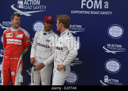 Montreal, Kanada. 11. Juni 2016. Formel 1 Grand Prix von Kanada. Qualifyings. Lewis Hamilton fährt Pole für morgen Rennen gefolgt von Teamkollege Nico Rosberg dann im 3. Sebastian Vettel Credit: Action Plus Sport/Alamy Live News Stockfoto