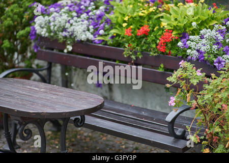 Parkbank und Tisch, umgeben von blühenden Blumen Stockfoto