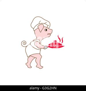 Cartoon Chef Schweinehaltungsbetrieb warme Speisen-Platte-Vektor-Illustration isoliert auf weißem Hintergrund. Stock Vektor