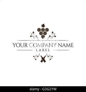 Bezeichnung für eine Flasche Wein mit zwei Flaschen und ein paar Trauben verlässt und Fässer, Vektor-Illustration isoliert auf weißem backgr Stock Vektor