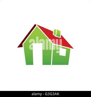 3D grünes Dorfhaus mit rotem Dach-Vektor-Illustration isoliert auf weißem Hintergrund. Stock Vektor