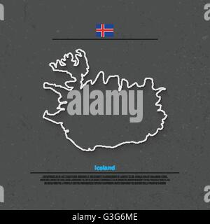 Republik Island isoliert Karte und offizielle Flaggen-Icons. Vektor-Symbol "Island politische Karte dünne Linie". Nordic Inselstaat geo Stock Vektor
