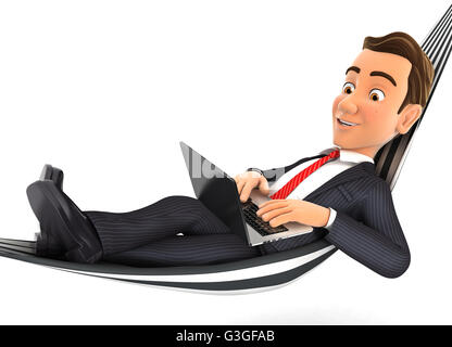 3D Geschäftsmann in der Hängematte liegen und arbeiten am Laptop, Abbildung mit isolierten weißen Hintergrund Stockfoto