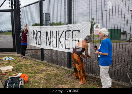 Burghfield, UK. 11. Juni 2016. Ex-Greenham Common Frieden Aktivisten hängen einen "No Nukes" Banner auf der Umzäunung des AWE Burghfield am fünften Mal in Folge Tag einer Blockade des Eingangs Lieferungen im Rahmen eines Monats gegen Trident Erneuerung bestimmt "zu blockieren, zu besetzen und zu stören" montiert die Fabrik verantwortlich für die Endmontage der Trident Atomsprengköpfe. Bildnachweis: Mark Kerrison/Alamy Live-Nachrichten Stockfoto