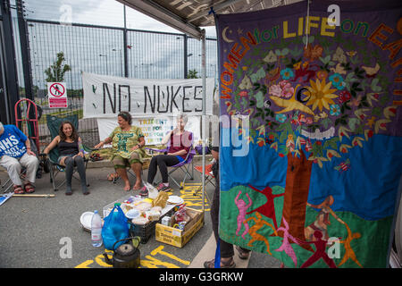 Burghfield, UK. 11. Juni 2016. Frieden Aktivisten blockieren den Eingang der Lieferungen von AWE Burghfield für einen fünften Mal in Folge Tag als Teil eines Monats gegen Trident Erneuerung bestimmt "zu blockieren, zu besetzen und zu stören" montiert die Fabrik verantwortlich für die Endmontage der Trident Atomsprengköpfe. Bildnachweis: Mark Kerrison/Alamy Live-Nachrichten Stockfoto