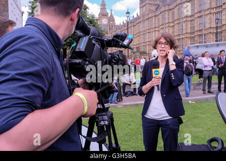 London, Großbritannien. 24. Juni 2016 Fernsehnews-Reporter des polnischen Senders TVN stellt vor der Kamera vor dem Parlament nach dem Ergebnis des britischen Referendums über die EU-Mitgliedschaft ein Stück live vor. Stockfoto