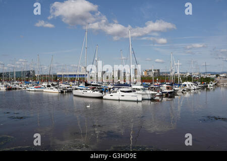 Segelboote, die auf der Lagune von Cardiff Bay in Wales UK festgemacht sind, viele Freizeitboote Stockfoto