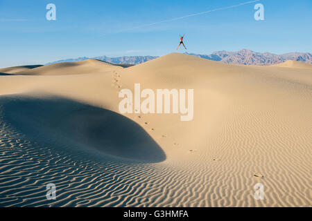 Person sprang mit Arme und Beine ausgestreckt auf Sanddüne, Death Valley, Kalifornien, USA Stockfoto