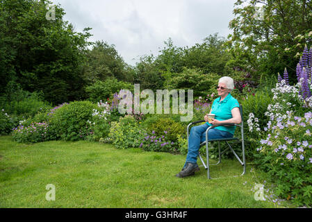 Eine reife Frau sitzt in einem Landschaftsgarten voller Blumenrabatten umgeben. Sie sitzt mit einer Tasse Tee entspannen. Stockfoto