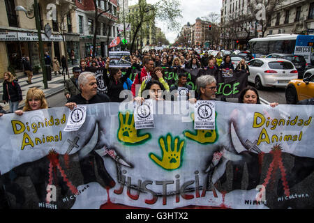 Hunderte haben Stierkampfarena Las Ventas Protest gegen tierische Folter und Stierkampf in Madrid marschierte. (Foto von Marcos del Mazo/Pacific Press) Stockfoto